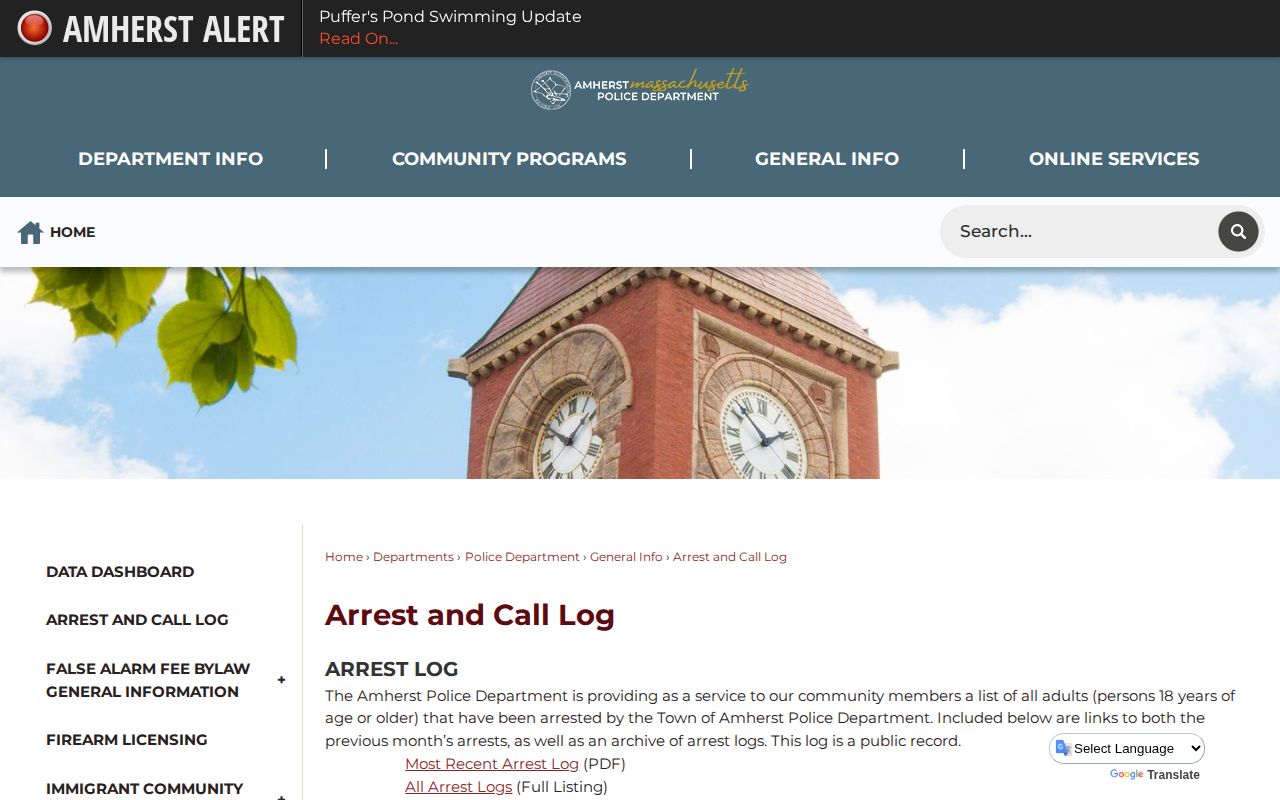 Amherst Police adult arrest and call log record source