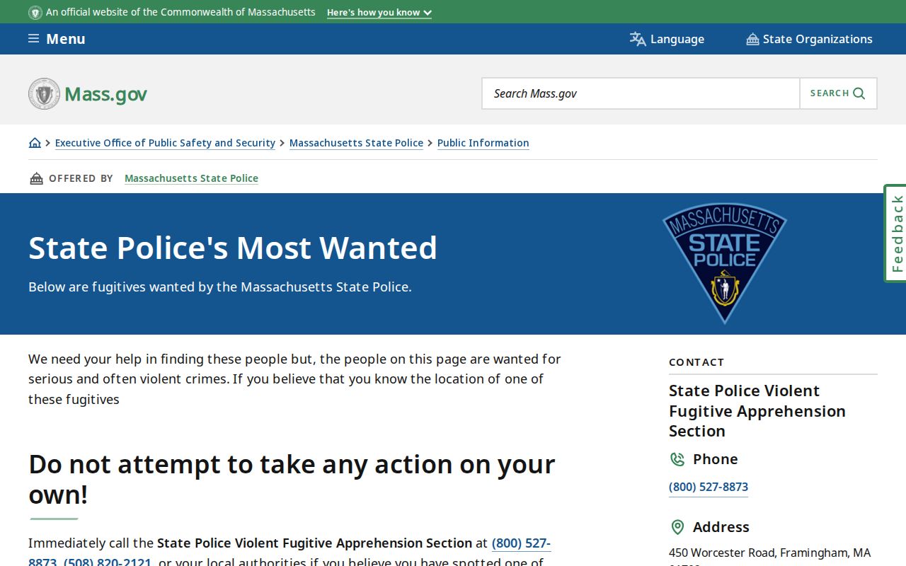 Massachusetts State Police wanted records source serving Hampshire County