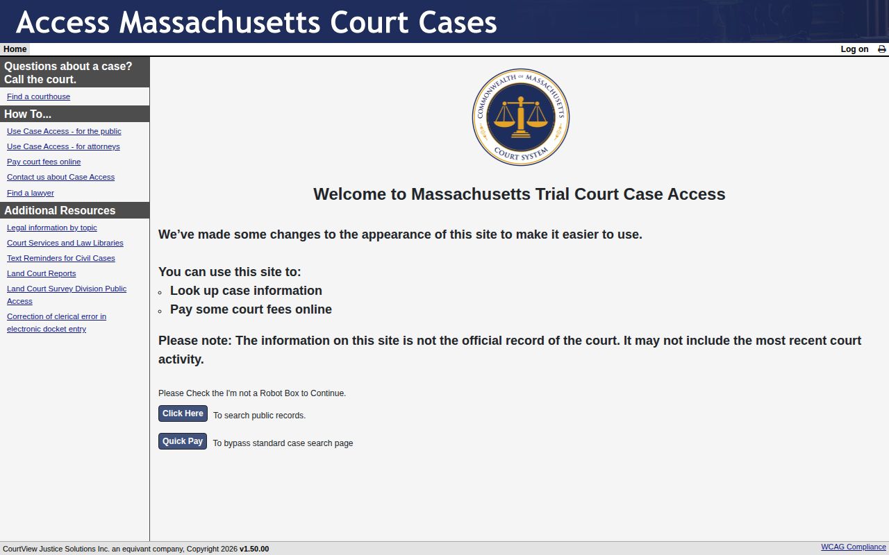 MassCourts eAccess portal for Hampshire County court follow-up