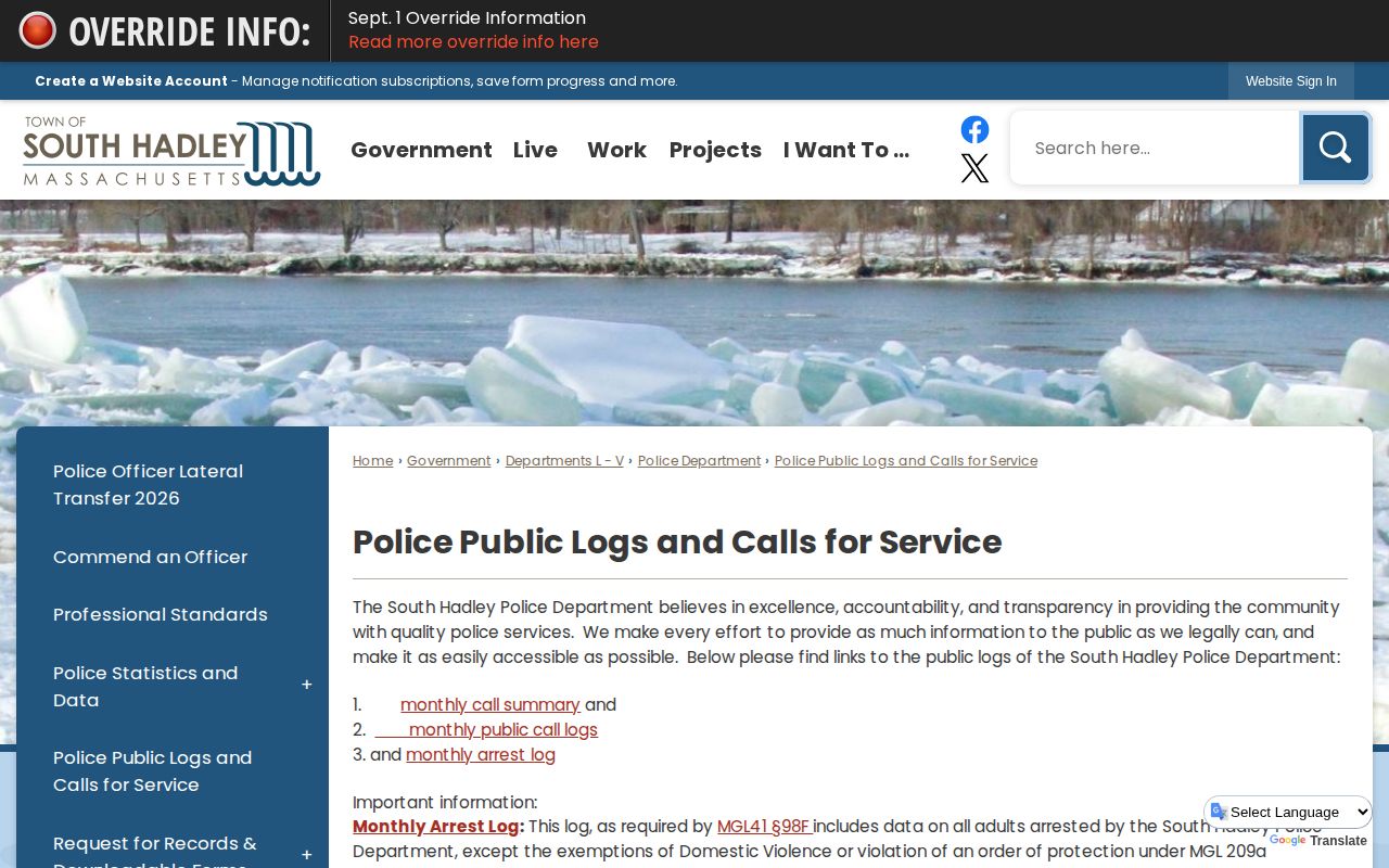 South Hadley Police monthly adult arrest and public call records